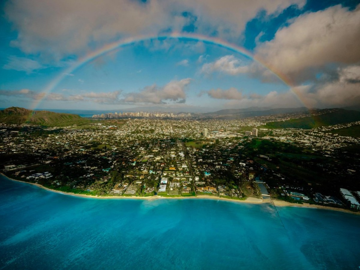 aerial view of a rainbow over Oahu